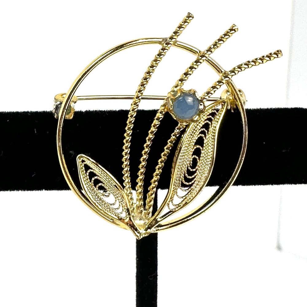 Vintage Filigree Botanical Cabochon Blue Stone Brooch Pin Women OS Gold Blue MCM